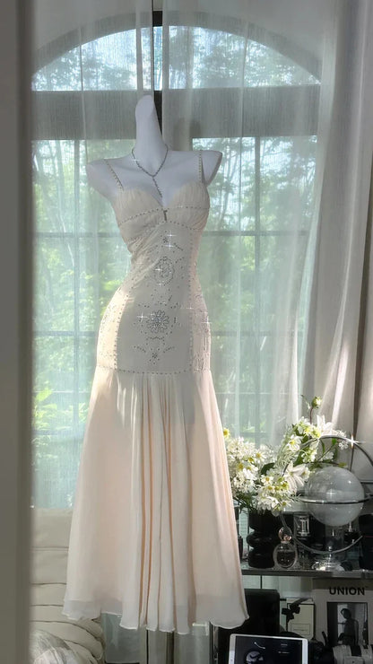 Ivory Rhinestone Mermaid Spaghetti Straps Chiffon Prom Dress Evening Dress SH3781
