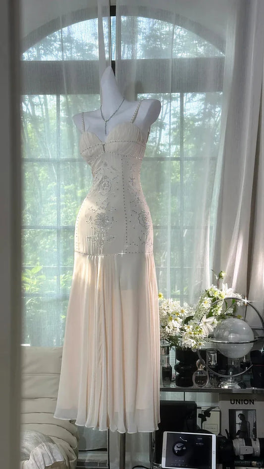 Ivory Rhinestone Mermaid Spaghetti Straps Chiffon Prom Dress Evening Dress SH3781