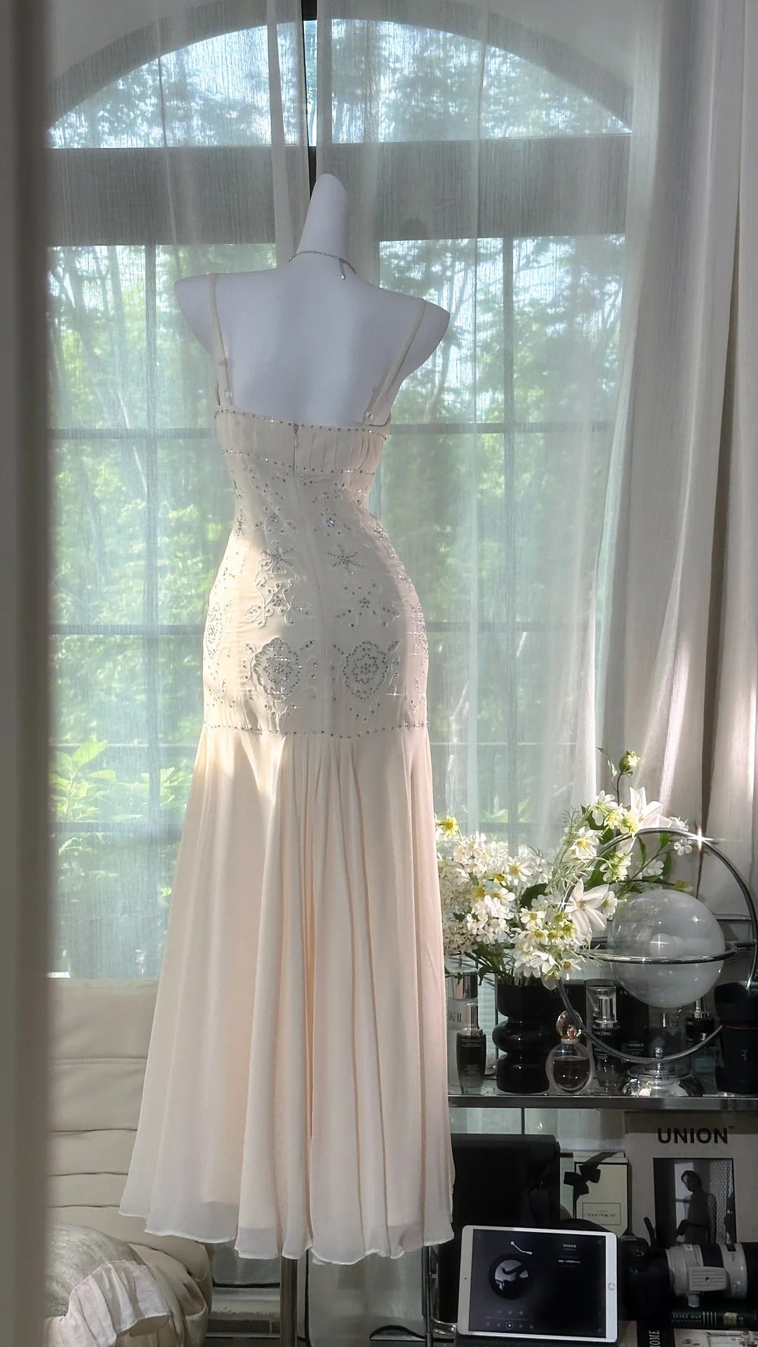 Vintage White Spaghetti Strap Sheath Chiffon Beaded Dress, Elegant Evening Gowns ED03394
