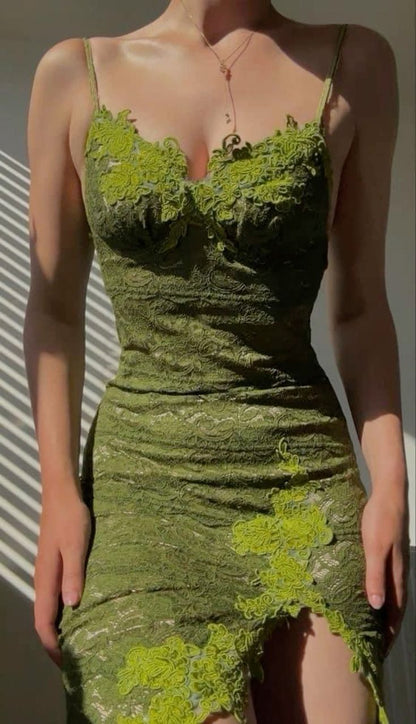 Elegant Green Spaghetti Strap Bodycon Lace Applique Short Evening Dress Birthday Party Dress ED03405
