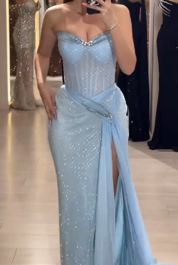 Elegant Sky Blue Strapless Sheath Lace Tulle Long Prom Dresses , Formal Evening Gowns ED03411