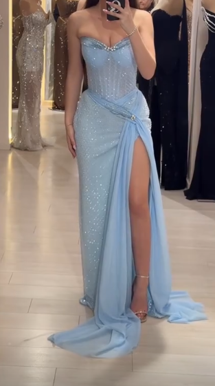 Elegant Sky Blue Strapless Sheath Lace Tulle Long Prom Dresses , Formal Evening Gowns ED03411