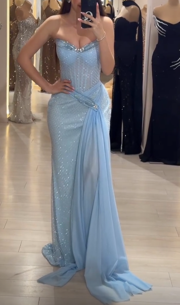 Elegant Sky Blue Strapless Sheath Lace Tulle Long Prom Dresses , Formal Evening Gowns ED03411
