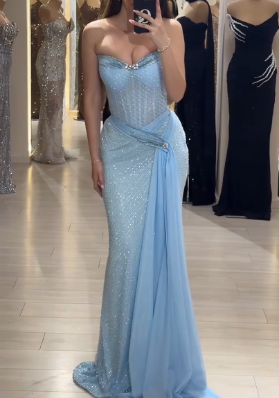 Elegant Sky Blue Strapless Sheath Lace Tulle Long Prom Dresses , Formal Evening Gowns ED03411