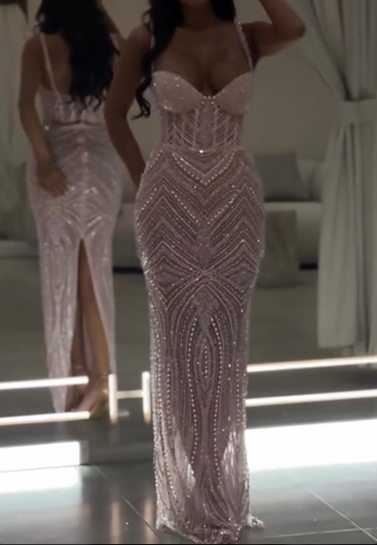 Light Pink Spaghetti Straps Sheath Tulle Beaded Long Evening Gowns Sweet Graduation Dress HZ1024