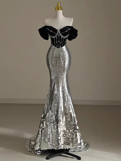 Silver Mermaid Off Shoulder Evening Gowns Chic Velvet Sequin Long Prom Dresses HZ1024