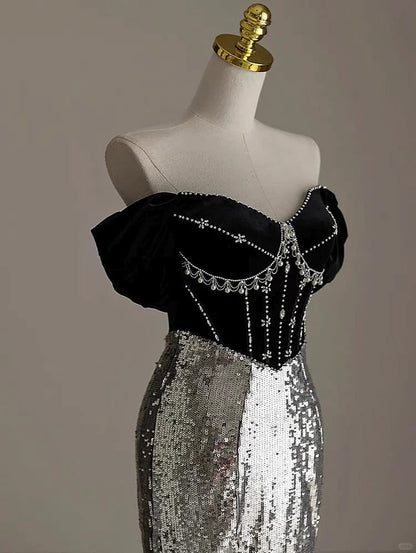Silver Mermaid Off Shoulder Evening Gowns Chic Velvet Sequin Long Prom Dresses HZ1024