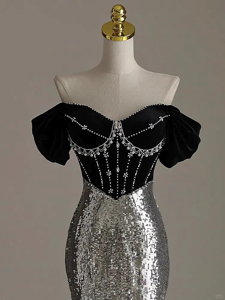 Silver Mermaid Off Shoulder Evening Gowns Chic Velvet Sequin Long Prom Dresses HZ1024