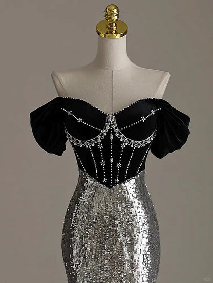 Elegant Silver Mermaid Off Shoulder Evening Gowns Chic Velvet Sequin Long Prom Dresses ED03416
