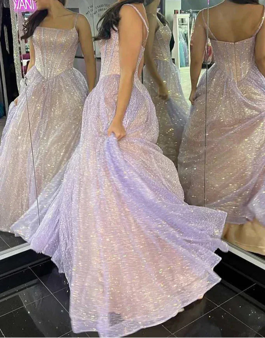 Lilac A-Line Spaghetti Strap Long Prom Dresses, Glitter Birthday Dress HZ1024