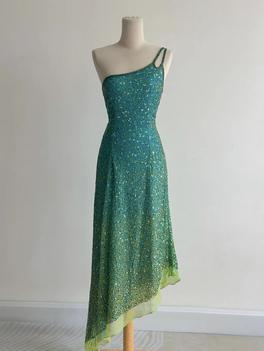 Blue Sheath One Shoulder Beaded Chiffon Birthday Party Dress, Fairytale Prom Dresses HZ1024