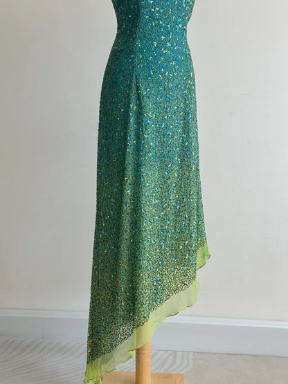 Blue Sheath One Shoulder Beaded Chiffon Birthday Party Dress, Fairytale Prom Dresses HZ1024