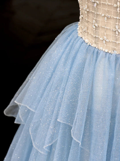 Cinderella Blue Strapless A-Line Glitter Tulle Long Prom Dresses Sweet 16 Dress ED03427