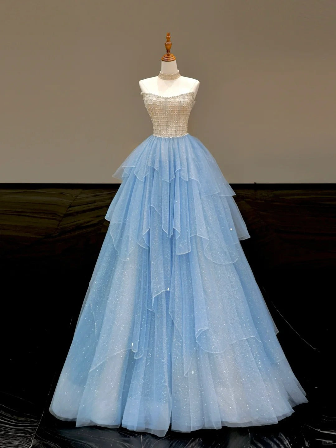 Cinderella Blue Strapless A-Line Glitter Tulle Long Prom Dresses Sweet 16 Dress ED03427