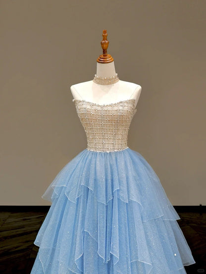 Blue Strapless A-Line Glitter Tulle Long Prom Dresses Sweet 16 Dress HZ1024