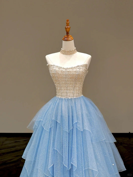 Cinderella Blue Strapless A-Line Glitter Tulle Long Prom Dresses Sweet 16 Dress ED03427