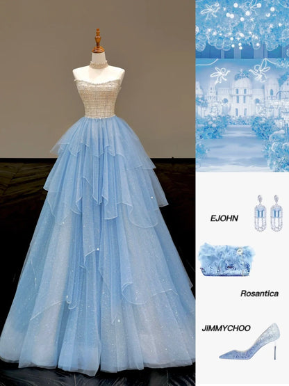 Cinderella Blue Strapless A-Line Glitter Tulle Long Prom Dresses Sweet 16 Dress ED03427