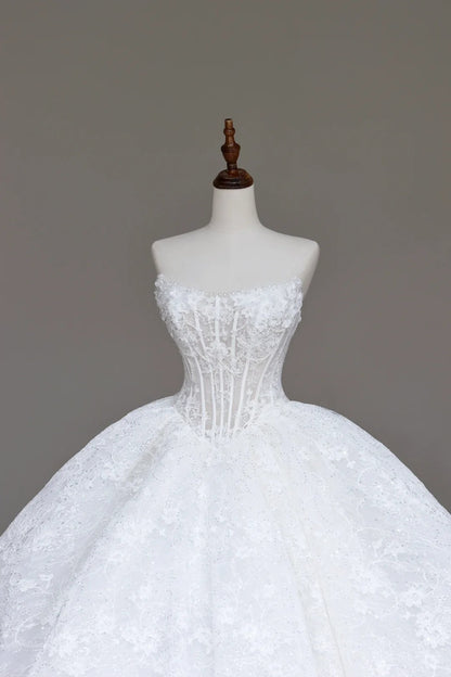 White Strapless A-Line Lace Applique Long Wedding Dress HZ1024