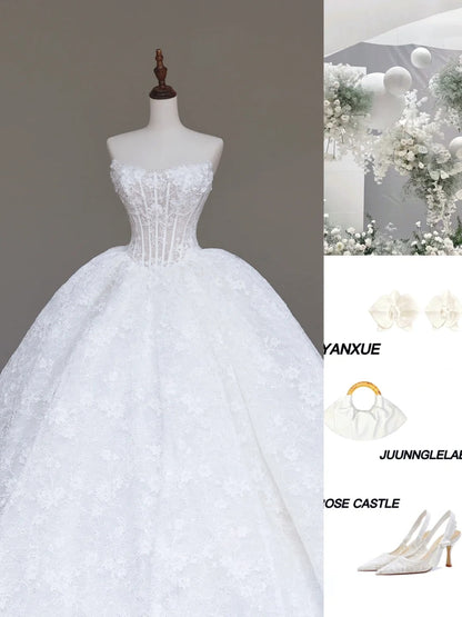 White Strapless A-Line Lace Applique Long Wedding Dress HZ1024