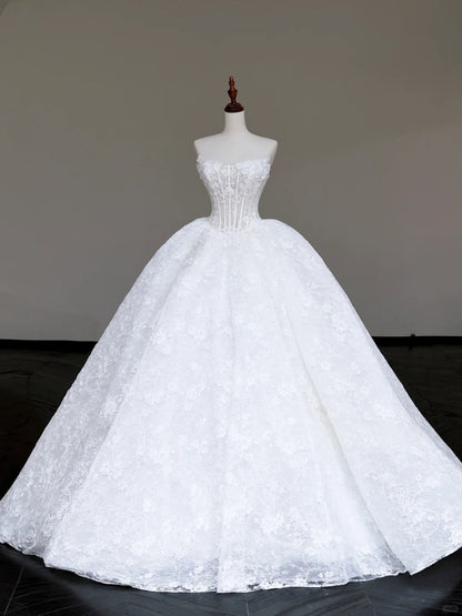 White Strapless A-Line Lace Applique Long Wedding Dress HZ1024