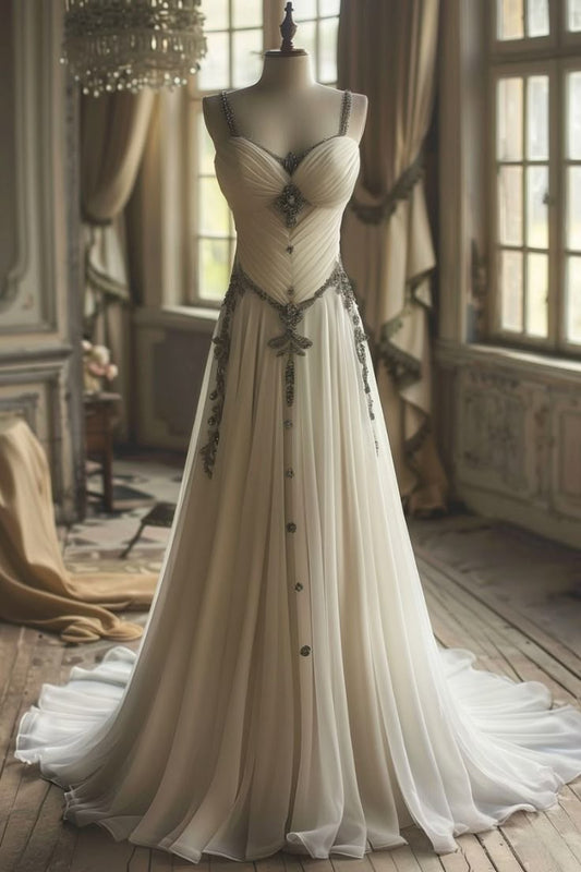 Beige Spaghetti Strap A-Line Chiffon Long Wedding Dress HZ1024