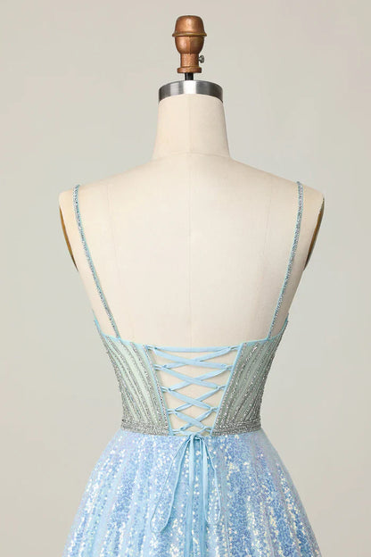 Light Blue A Line V Neck Sequins Homecoming Dress Short Sweet Birthday Dress HZ1024