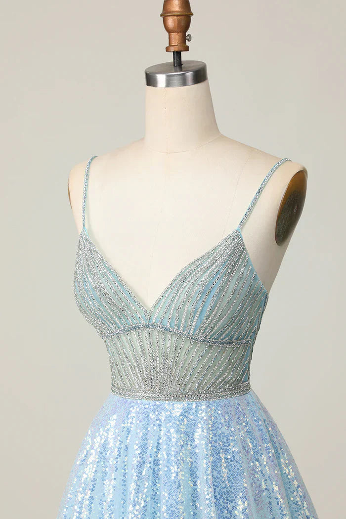 Light Blue A Line V Neck Sequins Homecoming Dress Short Sweet Birthday Dress HZ1024