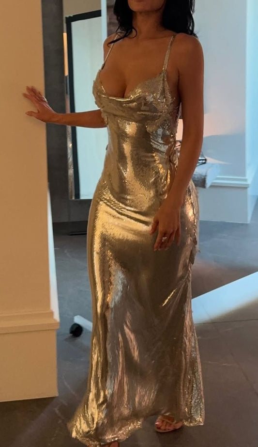 Sexy Spaghetti Straps Gold Sheath Long Evening Gowns ED03432