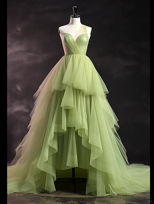 Fairytale Green Sweetheart Neck A-Line Tiered Tulle Long Prom Dress Sweet 16 Dress ED03433