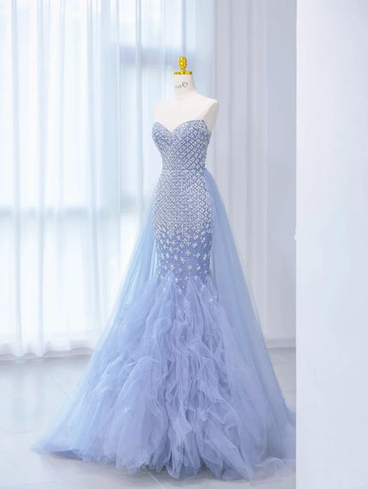 Periwinkle Purple Mermaid V-neck Beaded Tulle Long Evening Gowns Train Wedding Dress HZ1024