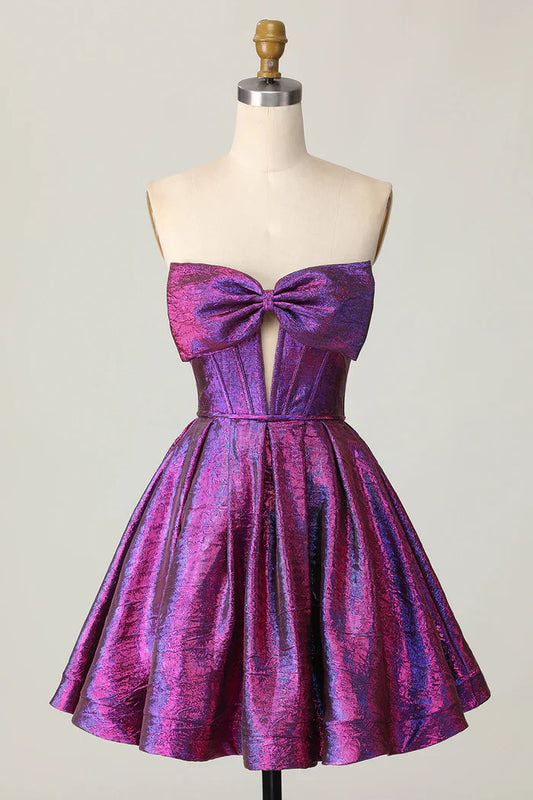 Purple Strapless A-Line Satin Short Homecoming Dress with Bow HZ1024