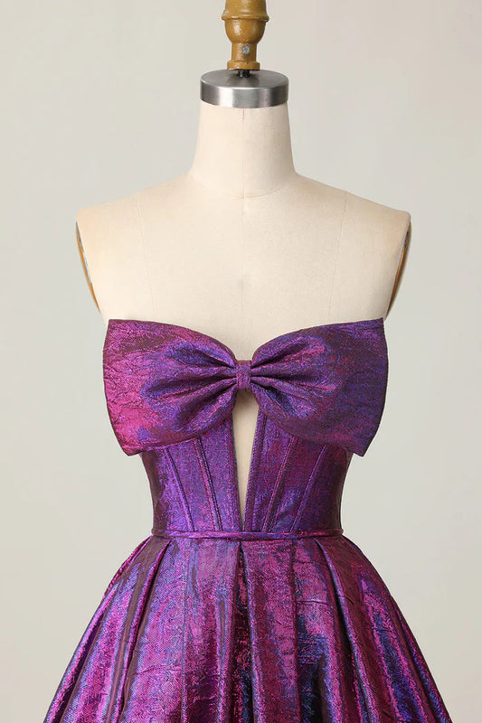 Purple Strapless A-Line Satin Short Homecoming Dress with Bow HZ1024
