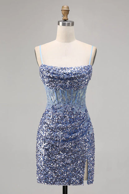 Dusty Blue Spaghetti Strap Bodycon Sequin Short Homecoming Dress with Slits HZ1024