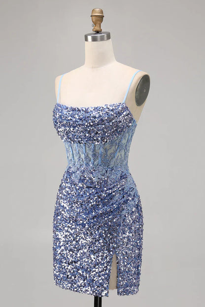 Dusty Blue Spaghetti Strap Bodycon Sequin Short Homecoming Dress with Slits HZ1024