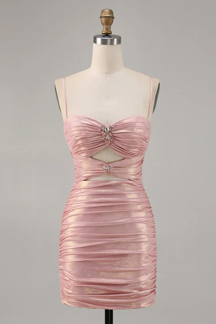 Pink Spaghetti Strap Bodycon Glitter Satin Backless Short Birthday Dress, Homecoming Dress HZ1024