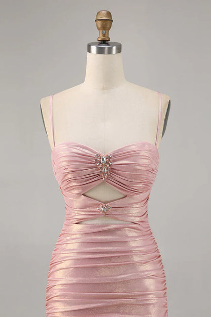 Pink Spaghetti Strap Bodycon Glitter Satin Backless Short Birthday Dress, Homecoming Dress HZ1024