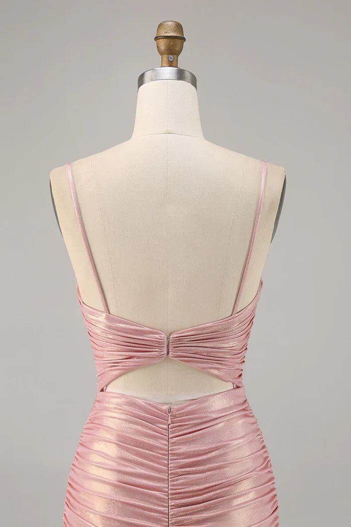 Pink Spaghetti Strap Bodycon Glitter Satin Backless Short Birthday Dress, Homecoming Dress HZ1024
