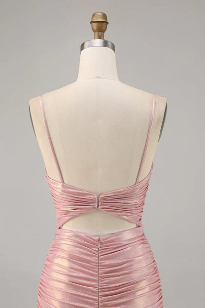 Pink Spaghetti Strap Bodycon Glitter Satin Backless Short Birthday Dress, Homecoming Dress HZ1024
