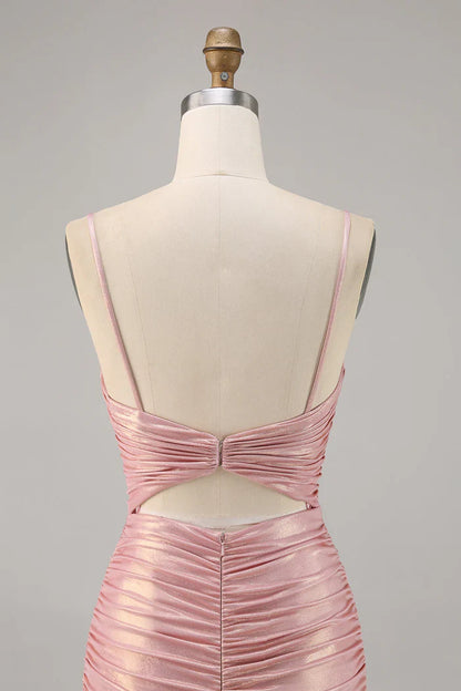 Sexy Pink Spaghetti Strap Bodycon Glitter Satin Backless Short Birthday Dress, Homecoming Dress ED03445