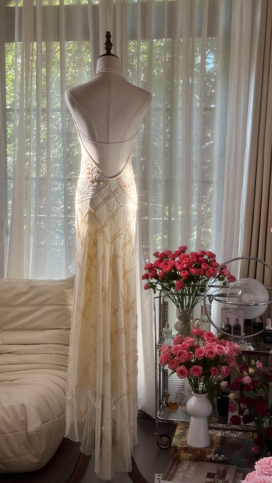 Vintage Off-White V-Neck Sheath Beaded Chiffon Long Backless Prom Dresses, Elegant  Evening Gowns ED03451