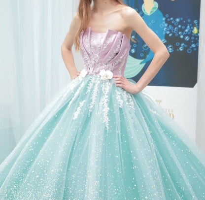 Blue Strapless Tulle Beaded Long Ball Gowns Glamour Quincea?era Dress HZ1024