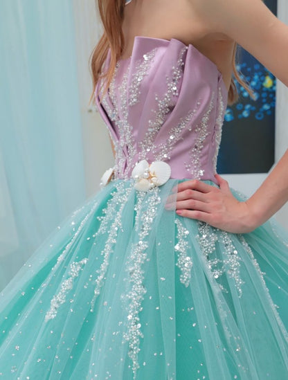 Blue Strapless Tulle Beaded Long Ball Gowns Glamour Quincea?era Dress HZ1024