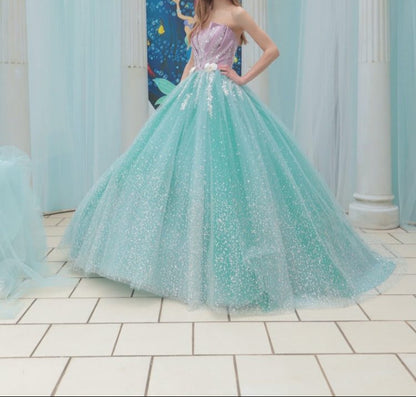 Blue Strapless Tulle Beaded Long Ball Gowns Glamour Quincea?era Dress HZ1024