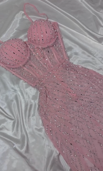 Pink Bodycon Spaghetti Straps Beaded Long Prom Dresses Sweet Birthday Dress HZ1024
