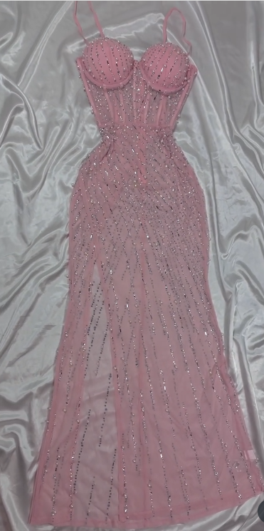 Pink Bodycon Spaghetti Straps Beaded Long Prom Dresses Sweet Birthday Dress HZ1024