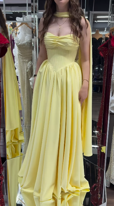 Butter Yellow A-Line Strapless Chiffon Long Prom Dresses Graduation Dress HZ1024