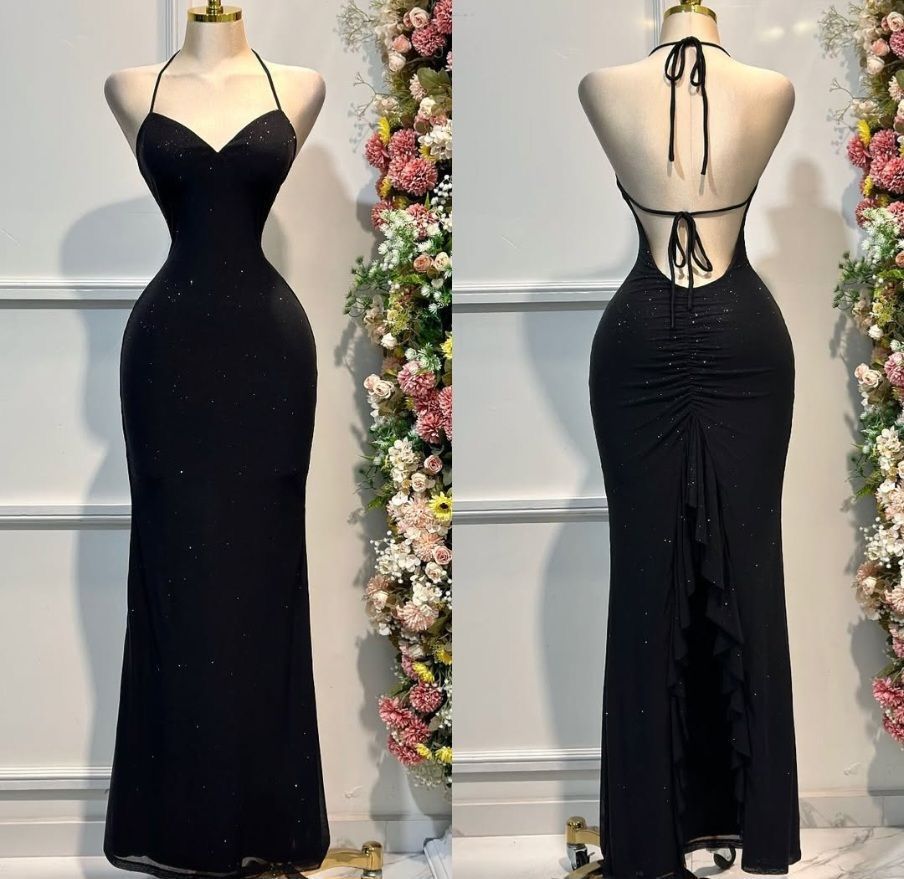 Black Halter Mermaid Chiffon Backless Evening Dress Outdoor Party Dress HZ1024