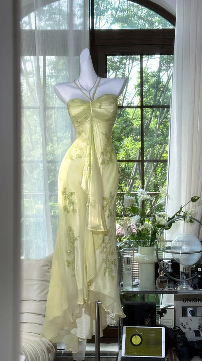 Vintage Halter  Sheath Chiffon Beaded Formal Dresses, Light Green Long Prom Dresses ED03464