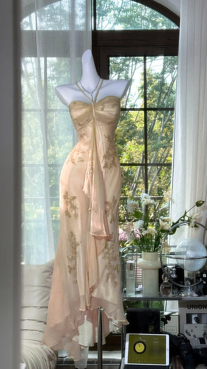 Vintage Halter  Sheath Chiffon Beaded Formal Dresses, Light Green Long Prom Dresses ED03464