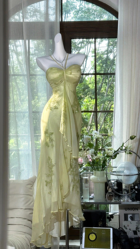 Vintage Halter  Sheath Chiffon Beaded Formal Dresses, Light Green Long Prom Dresses ED03464